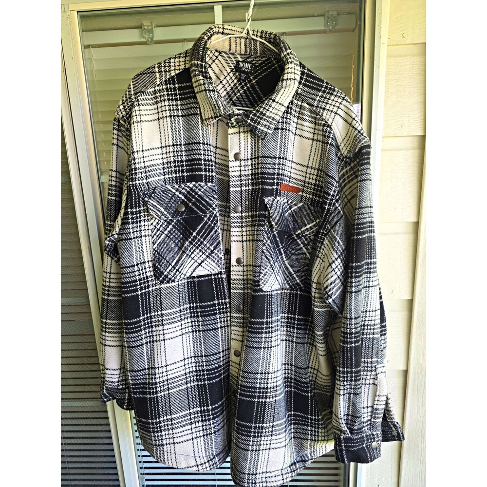 Home Free Men's 2XL Black/White Plaid Flannel Button-Up Shirt Pockets